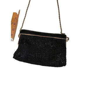 Vintage Women's Rectangle Shape Black Beaded Handbag Purse